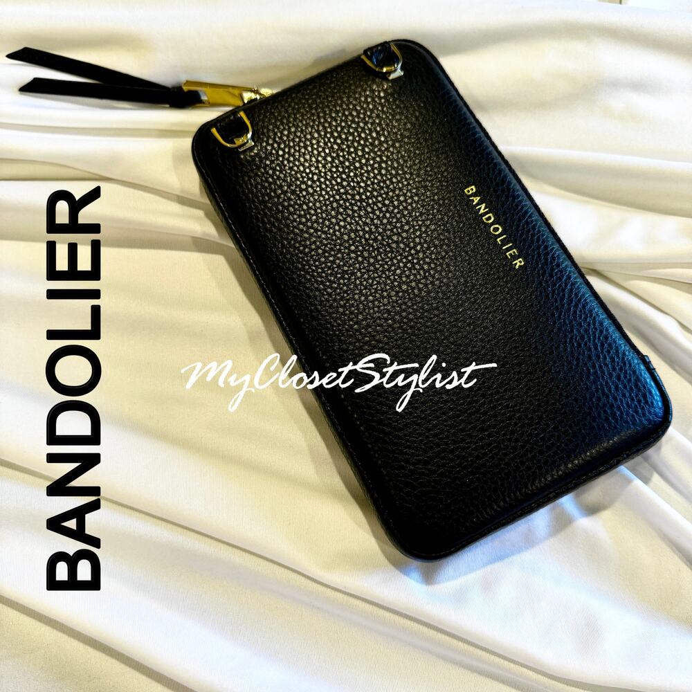 BANDOLIER Gold Expanded Zipper Black Pouch Bag NEW!! Crossbody Leather Zip Purse